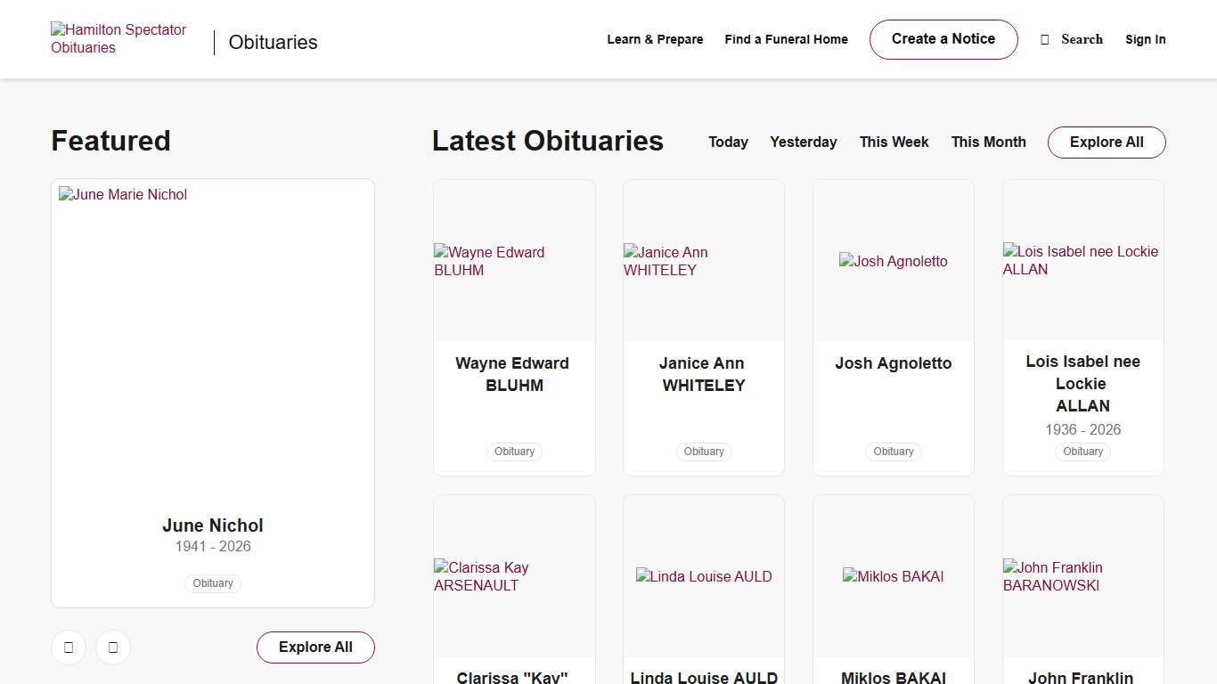 Obituaries Hamilton Spectator